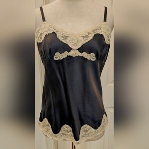 Vintage Express Black Silk Cami Top w Cream Floral Lace Trim.